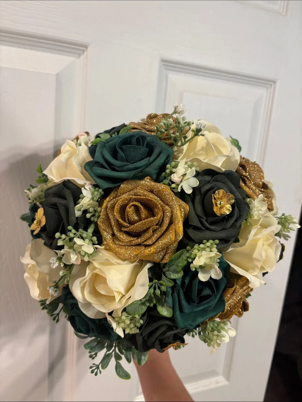 Artificial Rose Bouquet in Green, Gold, Cream - Decorative Home Accent
